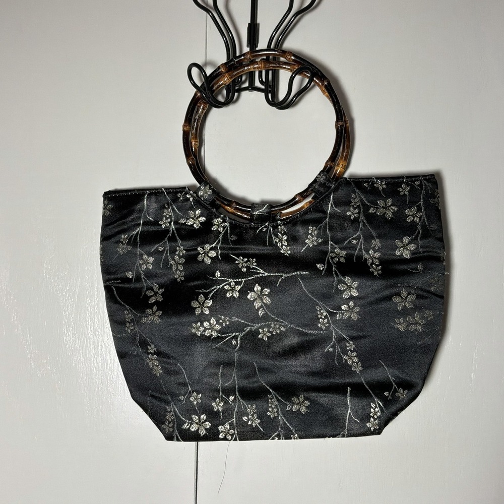 Black Satin‎ With Silver Floral Design And Bamboo Like Round Handles 12 X 9